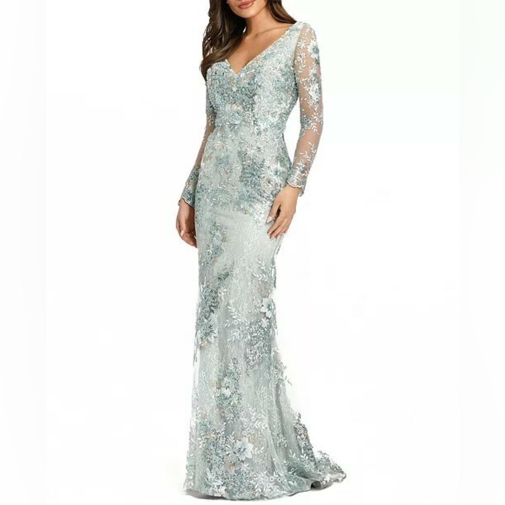 Mac Duggal Size 8 V-Neck Long-Sleeve Embroidered Mesh Gown In Sea Mist